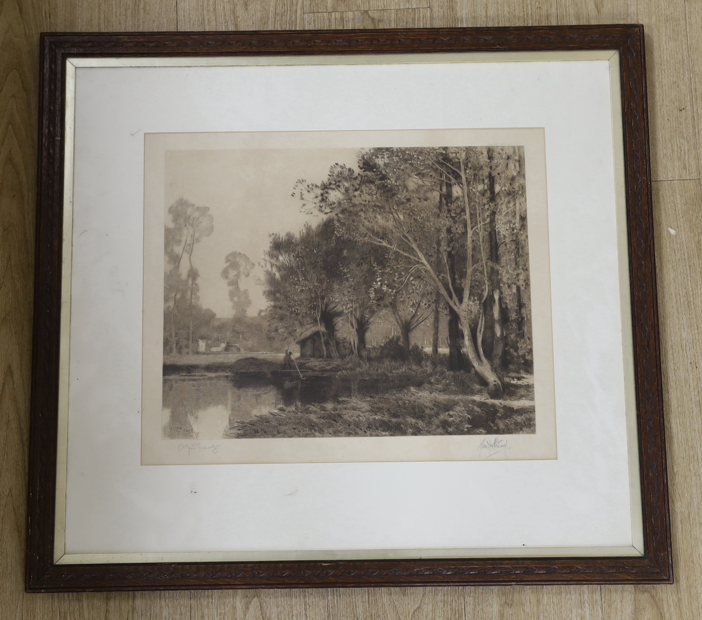 John Wood after Sir Alfred East, engraving, Boatman in a landscape, signed by both artists, 46 x 55cm